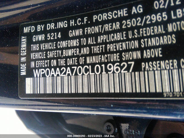 2012 PORSCHE PANAMERA VIN: WP0AA2A70CL019627
