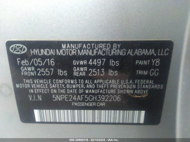 2016 HYUNDAI SONATA 2.4L VIN: 5NPE24AF5GH392206