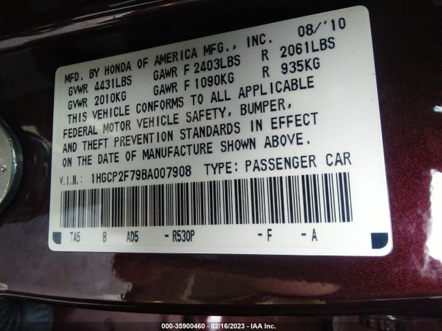2011 HONDA ACCORD SDN EX VIN: 1HGCP2F79BA007908