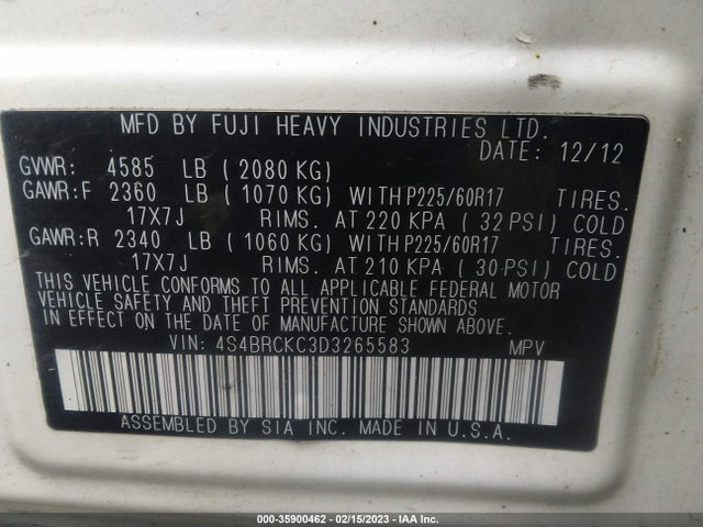 2013 SUBARU OUTBACK 2.5I LIMITED VIN: 4S4BRCKC3D3265583