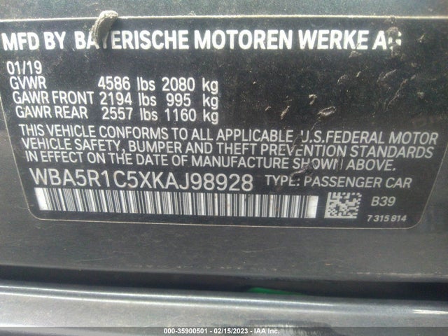 2019 BMW 3 SERIES 330I VIN: WBA5R1C5XKAJ98928