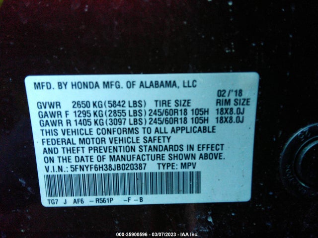 Honda Pilot Ex 2018 5FNYF6H38JB020387 Image 9