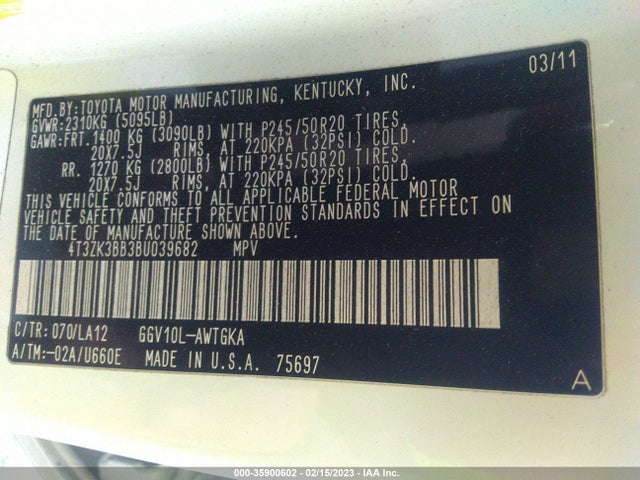 2011 TOYOTA VENZA VIN: 4T3ZK3BB3BU039682
