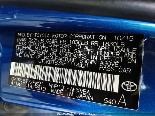 2015 Toyota Prius, VIN: JTDKDTB3XF1114421