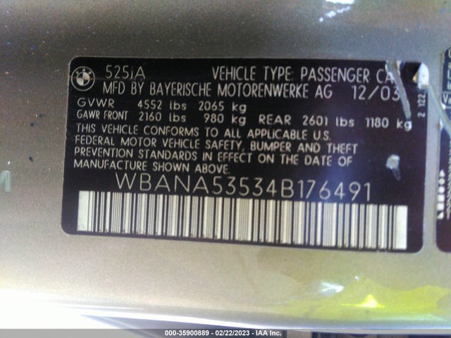2004 BMW 5 SERIES/5-SERIES 525I VIN: WBANA53534B176491
