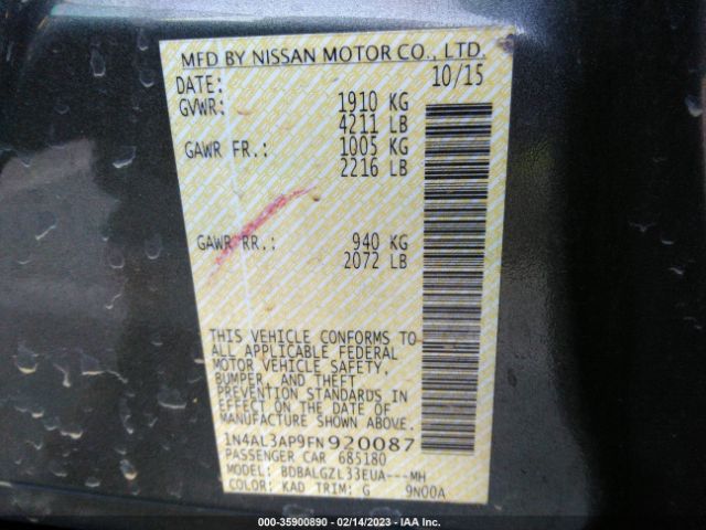 1N4AL3AP9FN920087 Nissan Altima 2.5 S