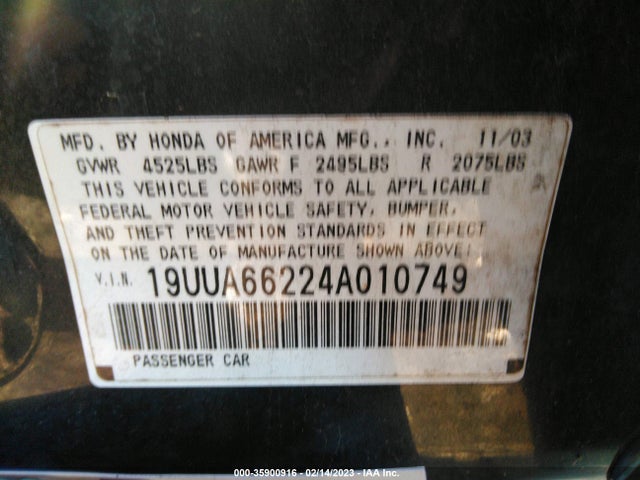 2004 ACURA TL VIN: 19UUA66224A010749