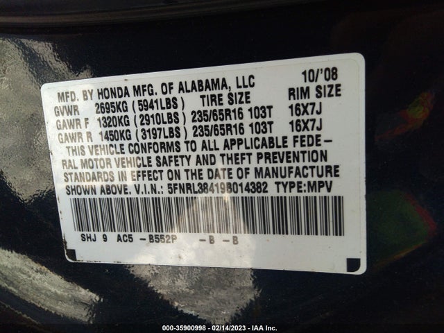 2009 HONDA ODYSSEY EX VIN: 5FNRL38419B014382