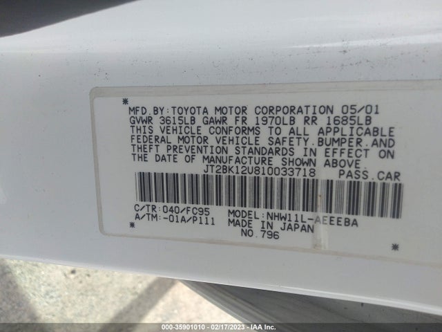 2001 TOYOTA PRIUS VIN: JT2BK12U810033718