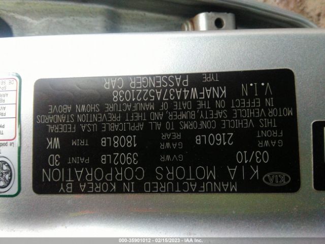 KNAFW4A37A5221038 KIA FORTE SX