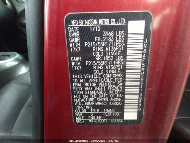 2012 NISSAN JUKE SL VIN: JN8AF5MR6CT108820