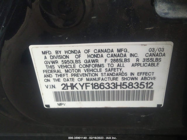 2003 HONDA PILOT EX VIN: 2HKYF18633H583512