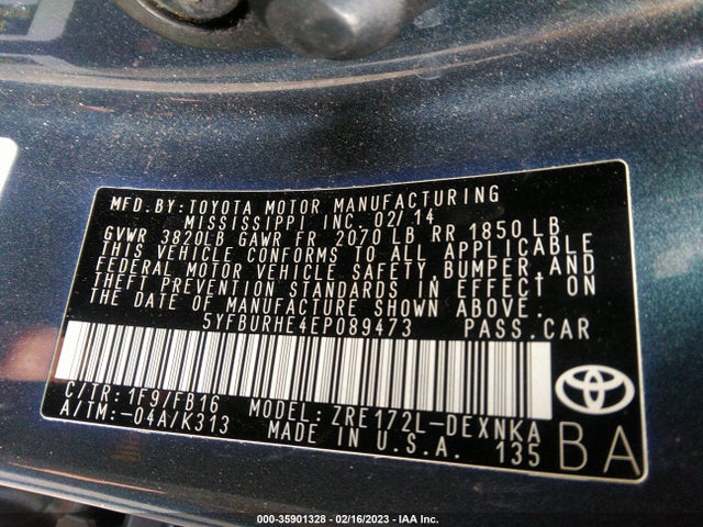 2014 TOYOTA COROLLA L/LE/S/S PLUS/LE PLUS VIN: 5YFBURHE4EP089473