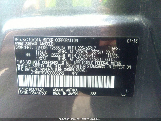 2013 TOYOTA RAV4 XLE VIN: JTMRFREV5DD006292