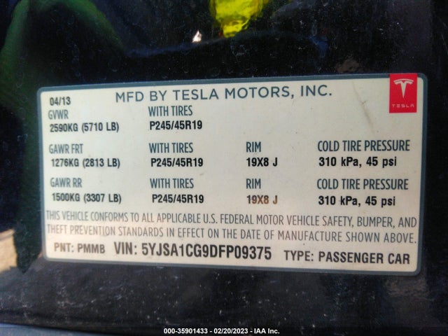 2013 TESLA MODEL S VIN: 5YJSA1CG9DFP09375