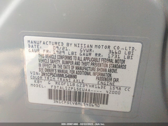 2021 NISSAN KICKS SV VIN: 3N1CP5CV8ML540690