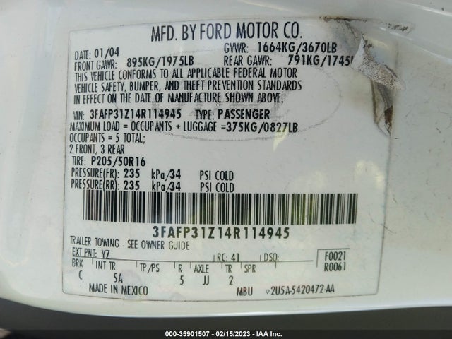 2004 FORD FOCUS ZX3 VIN: 3FAFP31Z14R114945