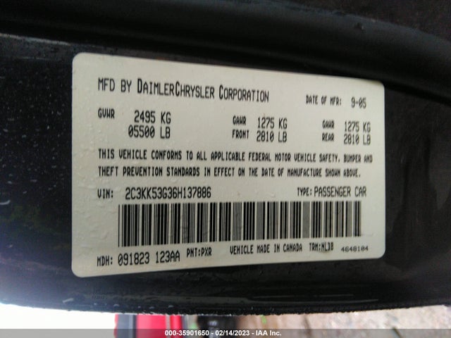 2006 CHRYSLER 300 TOURING VIN: 2C3KK53G36H137886