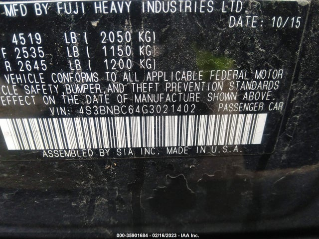 2016 SUBARU LEGACY 2.5I PREMIUM VIN: 4S3BNBC64G3021402