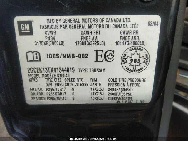 2004 CHEVROLET SILVERADO 1500 CREW CAB LS/LT/Z71 VIN: 2GCEK13TX41344019