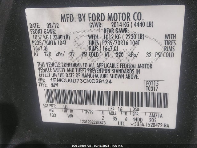 2012 FORD ESCAPE XLT VIN: 1FMCU0D73CKC29124