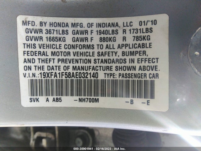 2010 HONDA CIVIC SDN LX VIN: 19XFA1F58AE032140