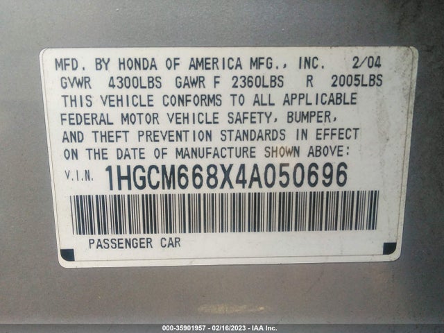 2004 HONDA ACCORD SDN EX VIN: 1HGCM668X4A050696