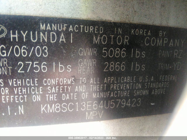 2004 HYUNDAI SANTA FE GLS/LX VIN: KM8SC13E64U579423