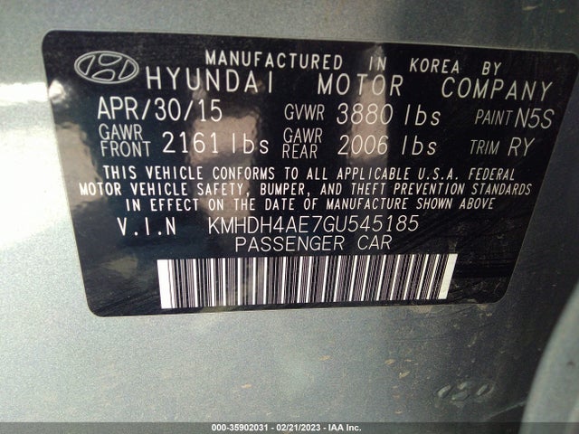 2016 Hyundai Elantra, VIN: KMHDH4AE7GU545185