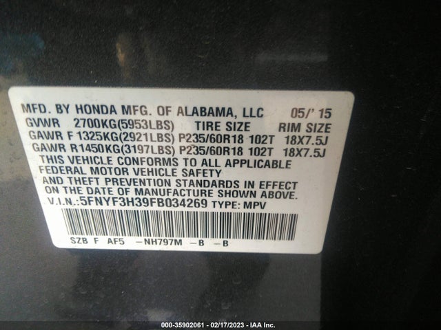 2015 Honda Pilot, VIN: 5FNYF3H39FB034269