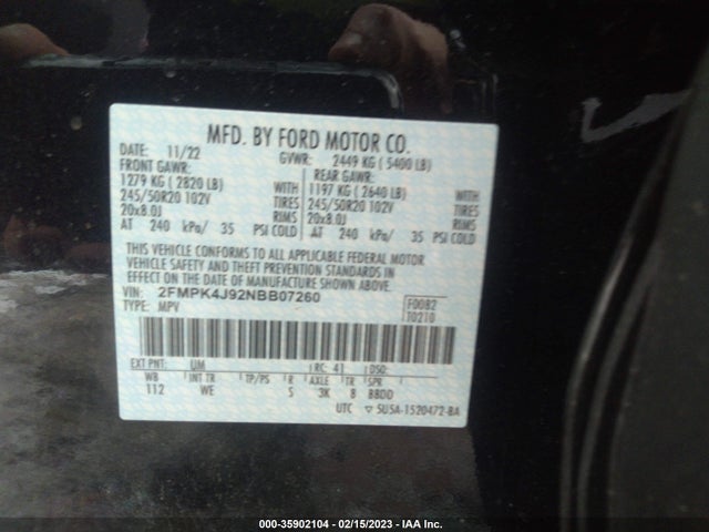2022 Ford Edge, VIN: 2FMPK4J92NBB07260