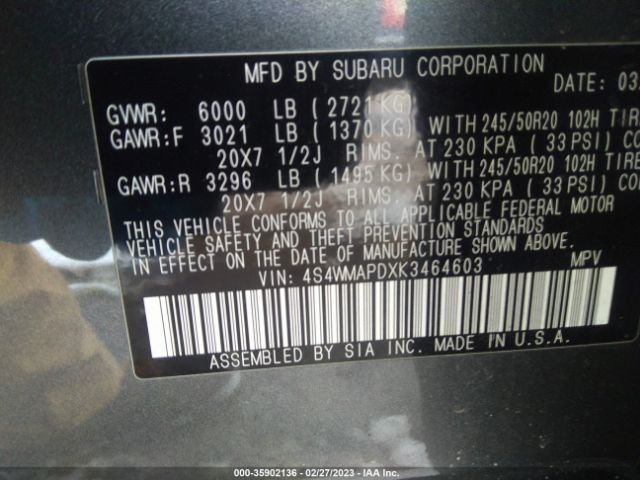 4S4WMAPDXK3464603 Subaru Ascent Limited