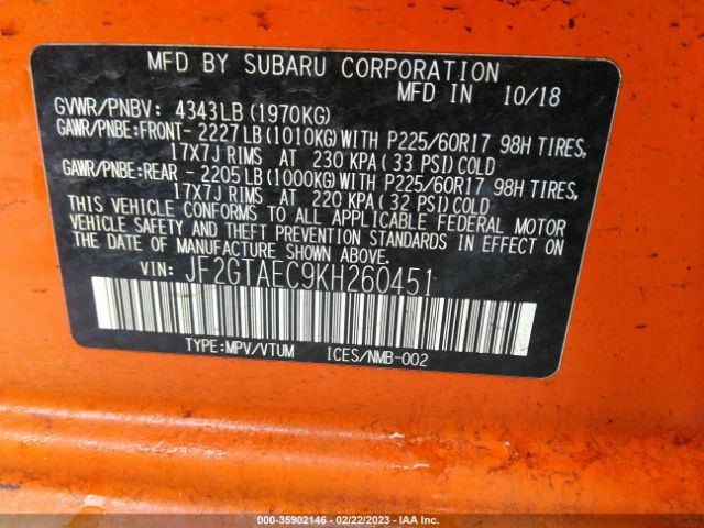 JF2GTAEC9KH260451 Subaru Crosstrek Premium