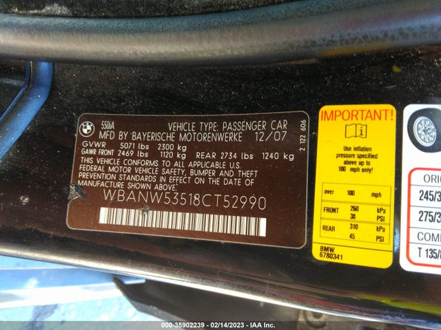 BMW 5 Series 550i 2008 WBANW53518CT52990 Image 10