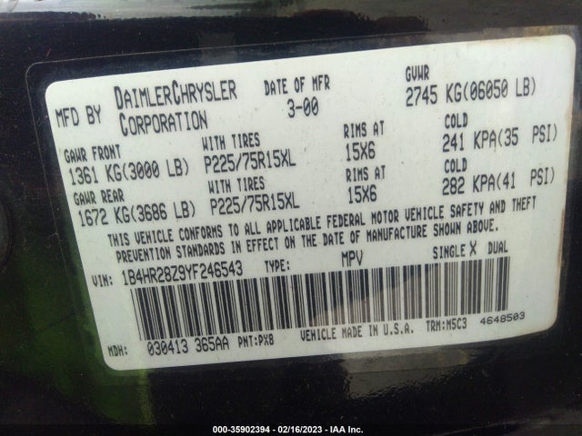 Dodge DURANGO 2000 1B4HR28Z9YF246543 Image 10