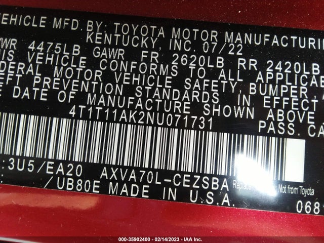Toyota CAMRY SE 2022 4T1T11AK2NU071731 Image 10