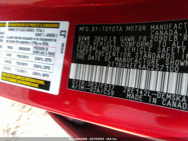2010 TOYOTA COROLLA VIN: 2T1BU4EE4AC257100