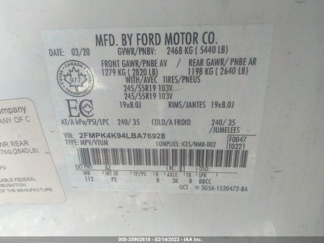 2020 Ford Edge, VIN: 2FMPK4K94LBA76928