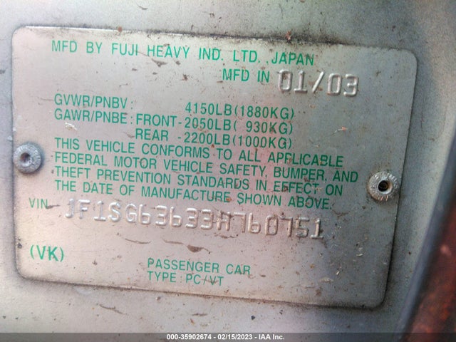 JF1SG63633H760751 Subaru FORESTER X
