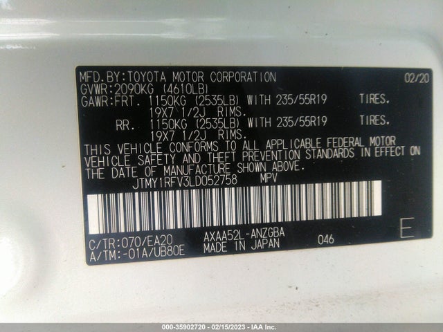 2020 TOYOTA RAV4 LIMITED VIN: JTMY1RFV3LD052758