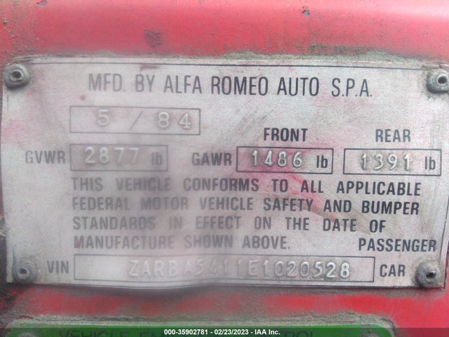 1984 ALFA ROMEO VELOCE 2000 SPIDER VIN: ZARBA5411E1020528