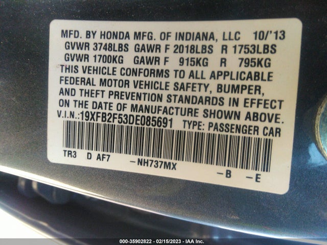 2013 HONDA CIVIC SDN LX VIN: 19XFB2F53DE085691