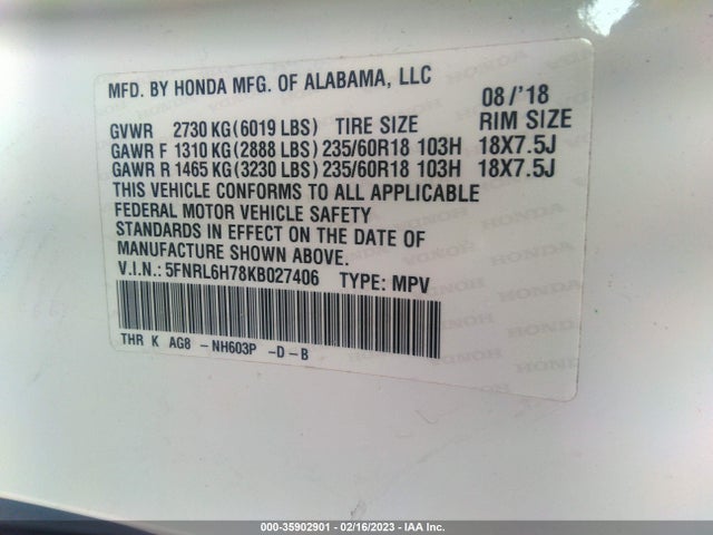 Honda Odyssey Ex-l 2019 5FNRL6H78KB027406 Image 9