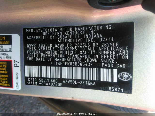2014 TOYOTA CAMRY L/LE/XLE/SE/SE SPORT VIN: 4T4BF1FK0ER385437