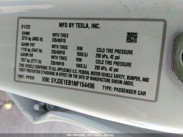 2022 TESLA MODEL 3 LONG RANGE VIN: 5YJ3E1EB1NF154496