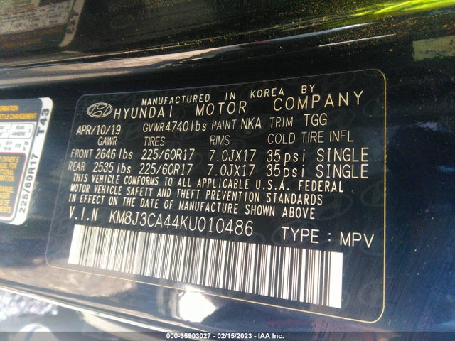 2019 Hyundai Tucson, VIN: KM8J3CA44KU010486