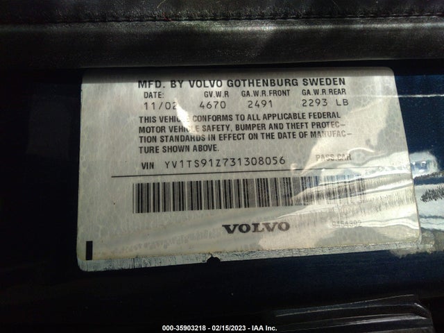 2003 VOLVO S80 2.9L TWIN TURBO VIN: YV1TS91Z731308056