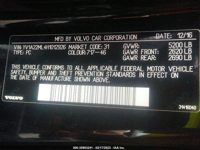2017 Volvo S90, VIN: YV1A22ML4H1012926