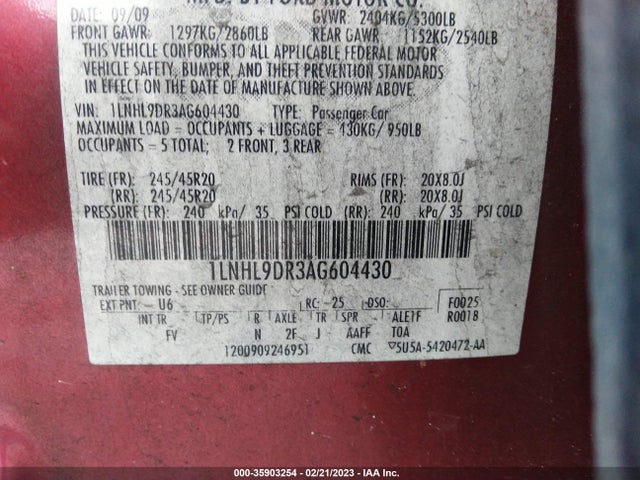 Lincoln MKS 2010 1LNHL9DR3AG604430 Image 10