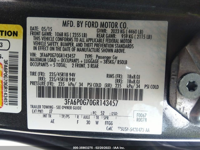 2016 FORD FUSION S VIN: 3FA6P0G70GR143457